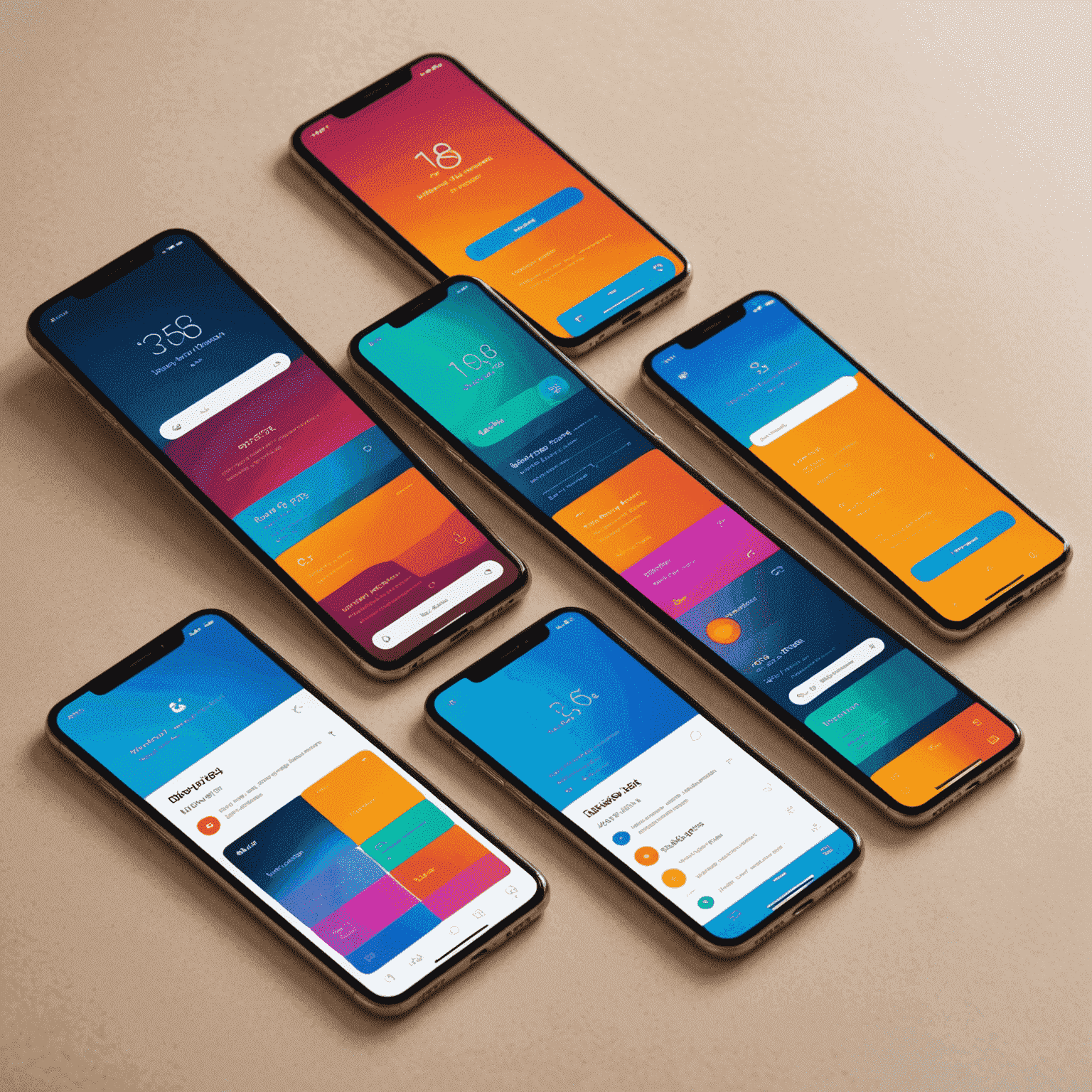 صورة توضح اتجاهات تصميم واجهة المستخدم للهواتف المحمولة الحديثة، تعرض شاشات متعددة بتصميمات مبتكرة وألوان زاهية