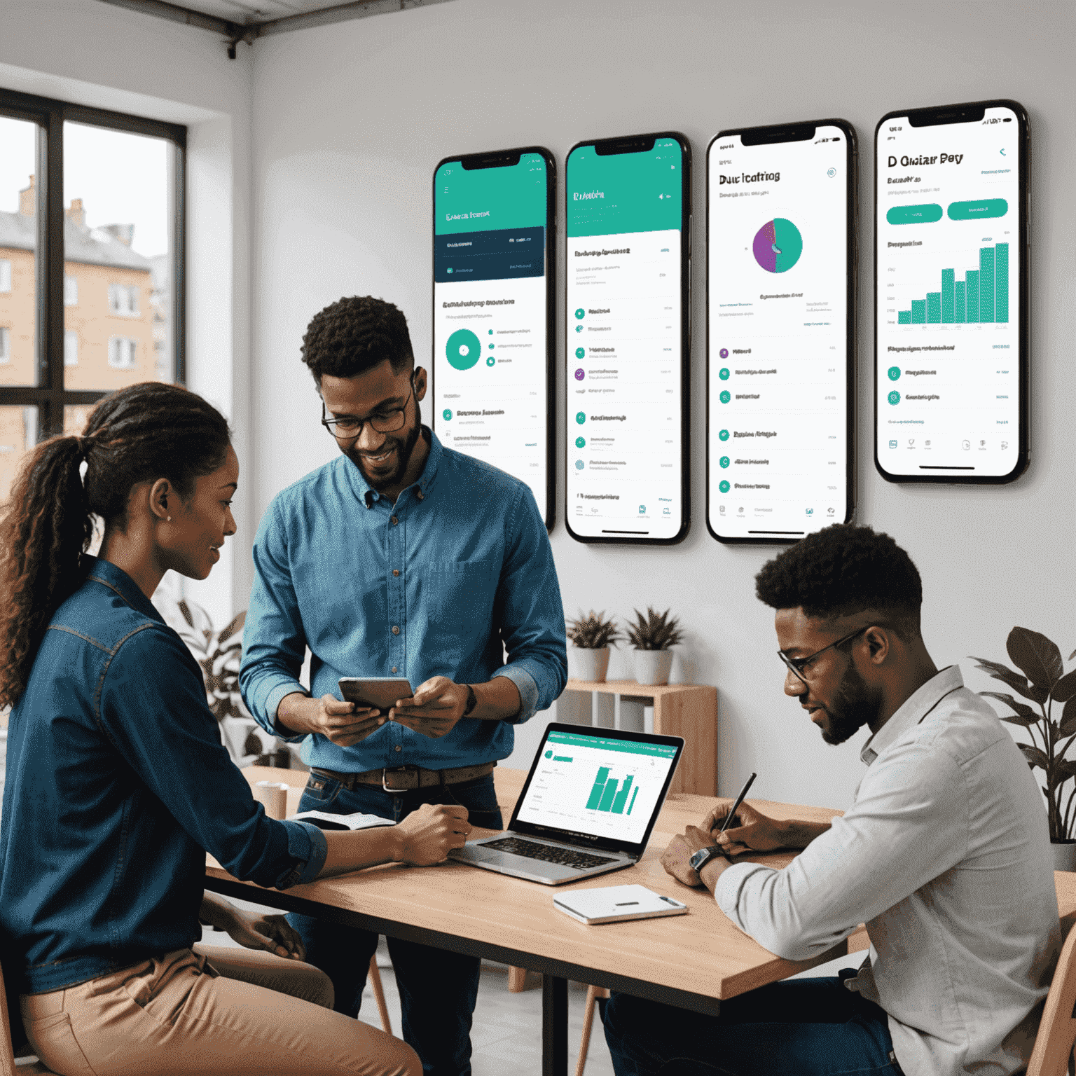 صورة توضح فريق عمل متنوع يعمل على تطوير تطبيقات الهاتف المحمول، مع شاشات تعرض واجهات مستخدم لتطبيقات du recharge و du quick pay